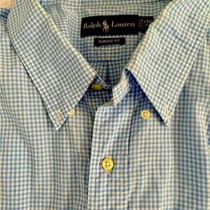 Ralph Lauren Shirt Men Blue 2XB big Gingham Check Short Sleeve Button up dress